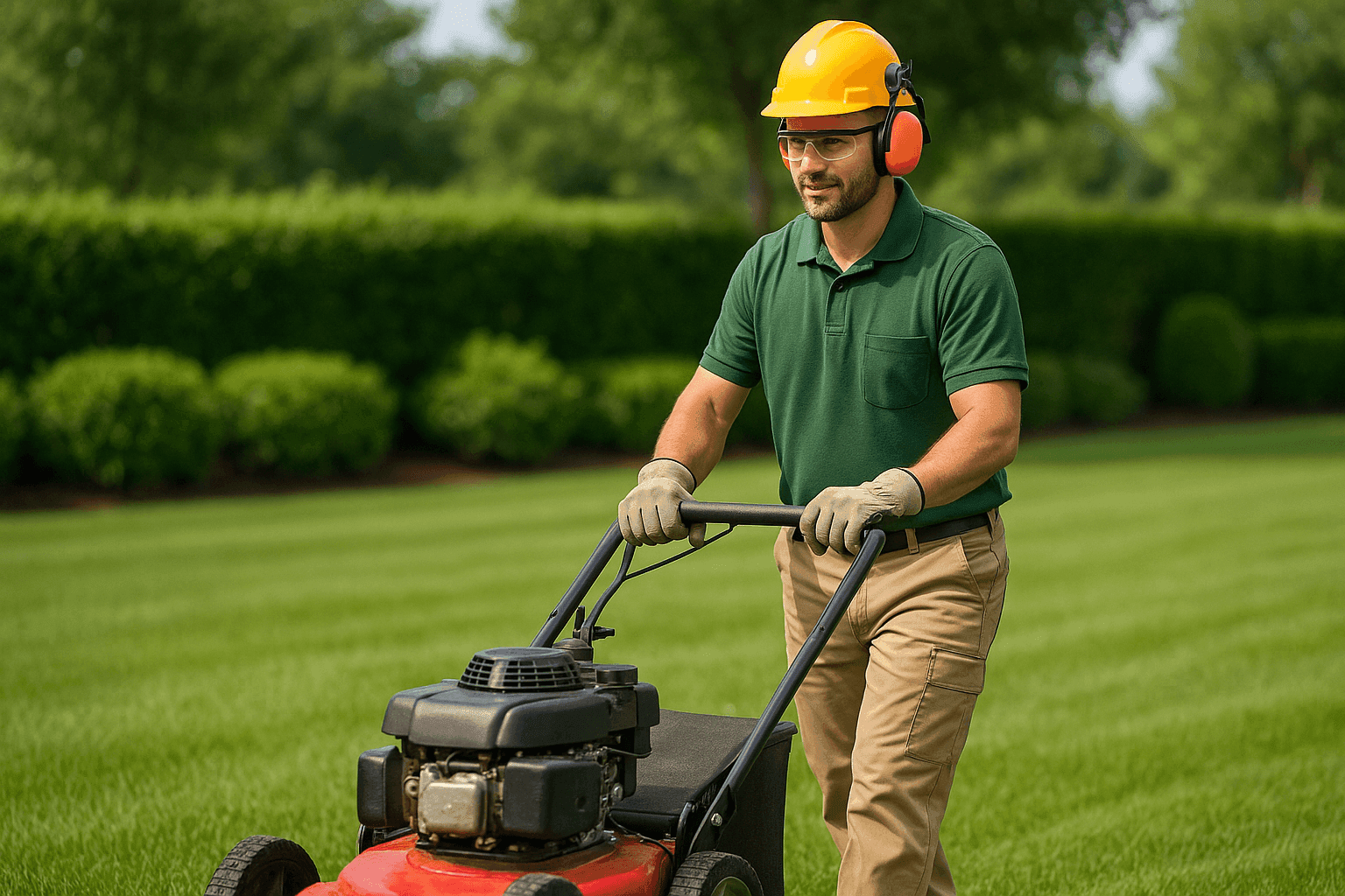 Paisajista profesional cortando un gran césped verde