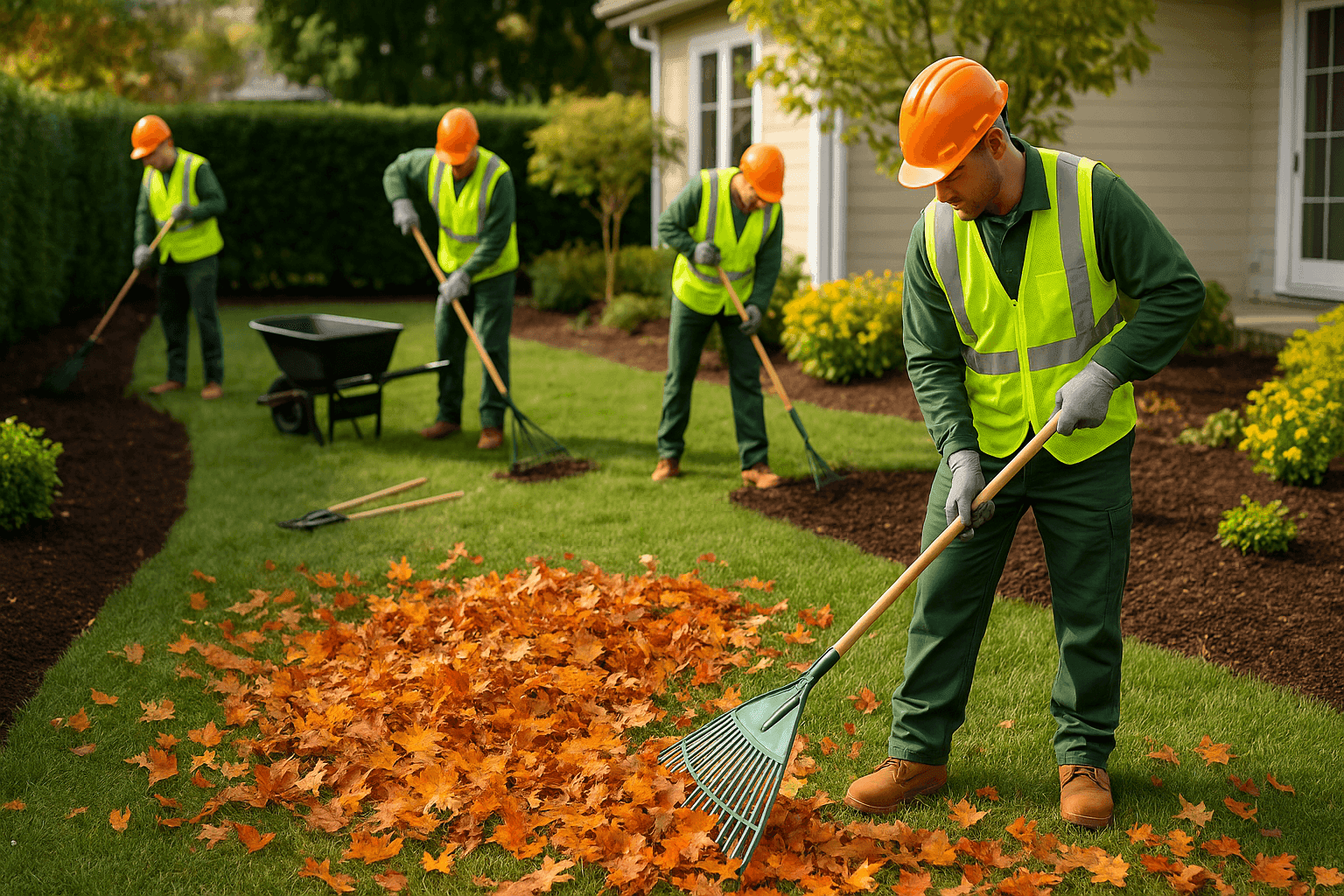 Crew raking leaves and preparing garden beds in autumn