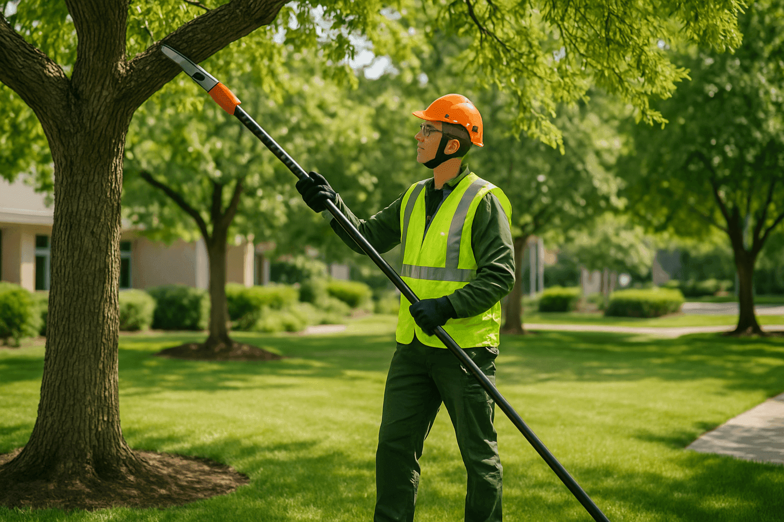 Arborist safely trimming branches from mature tree